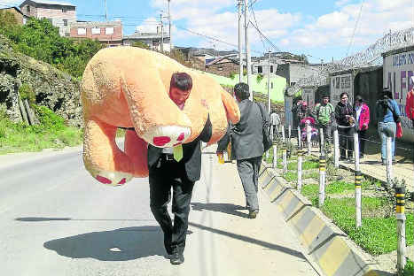 Cargó peluche gigante y caminó 7 kilómetros para sorprender a su novia