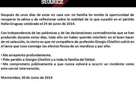 Luis Suárez le pidió 'mil disculpas' a Chiellini por morderlo