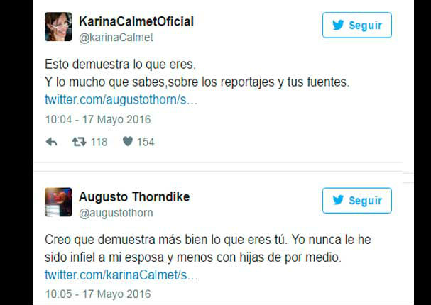 Twitter: Augusto Thorndike humilla a Karina Calmet de la peor manera (FOTOS)