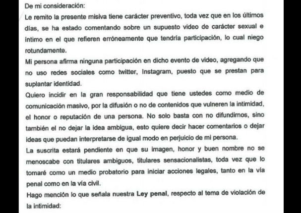 Dorita Orbegoso manda contundente carta notarial a los medios