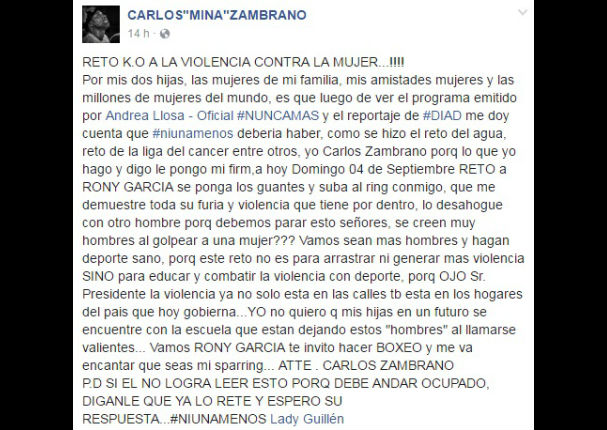 Lady Guillen: Carlos 'Mina' Zambrano reta a Ronny García a un duelo de box Lady Guillen: Carlos 'Mina' Zambrano reta a Ronny García a un duelo de box