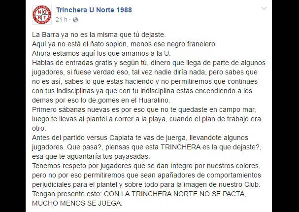 Trinchera Norte a Juan Vargas: 'Nadie aguantará tus payasadas'