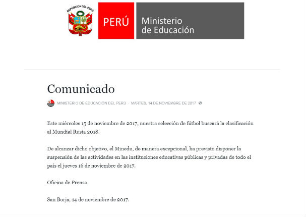 ¡Se suspenderían las clases, si Perú clasifica al mundial! (COMUNICADO)