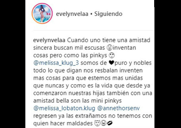 Evelyn Vela envía tierno mensaje a Melissa Klug y a su hija (FOTO)