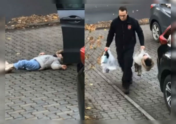 Padre pierde la paciencia con su hija y la carga como bolsa de mercado (VIDEO)