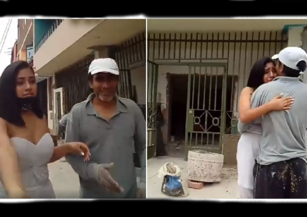 Joven quinceañera sorprende a su padre al pedirle bailar con ella en obra de construcción